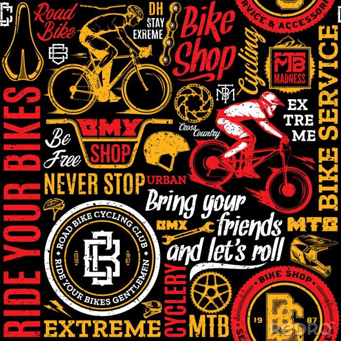 Papier peint à motif  Retro styled vector bicycle seamless pattern or background in black, white, red and yellow colors. Bike shop and club badges. Mountain and road biking icons and design elements