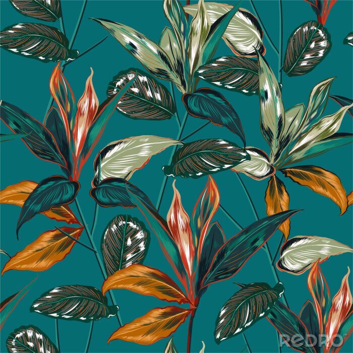 Papier peint à motif  Retro Tropical forest  botanical Motifs scattered random. Seamless vector texture Floral pattern in the many kind of wild plants Printing with in hand drawn style
