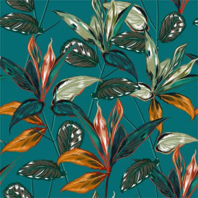Papier peint à motif  Retro Tropical forest  botanical Motifs scattered random. Seamless vector texture Floral pattern in the many kind of wild plants Printing with in hand drawn style