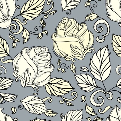 Papier peint à motif  Rosebuds et feuilles fond bleu