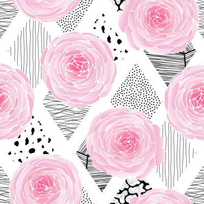 Papier peint à motif  Roses anglaises et diamants noirs et blancs