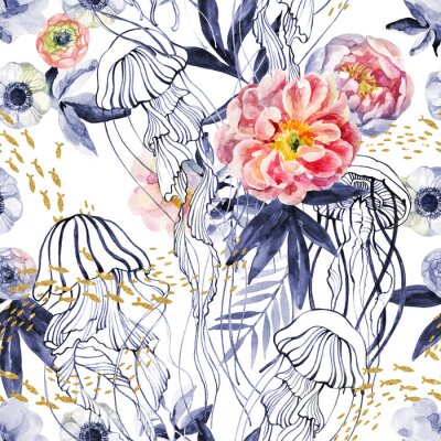 Papier peint à motif  Roses anglaises feuilles bleues et m?duses