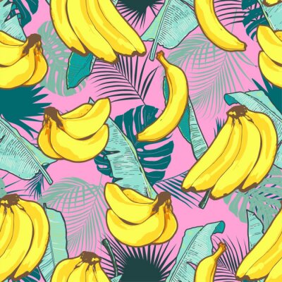 Papier peint à motif  Roses avec des bananes dans des feuilles de palmier