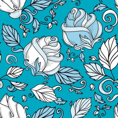 Papier peint à motif  Roses blanches et feuilles fond bleu