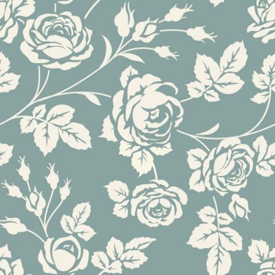 Papier peint à motif  Roses blanches sur fond bleu p?le