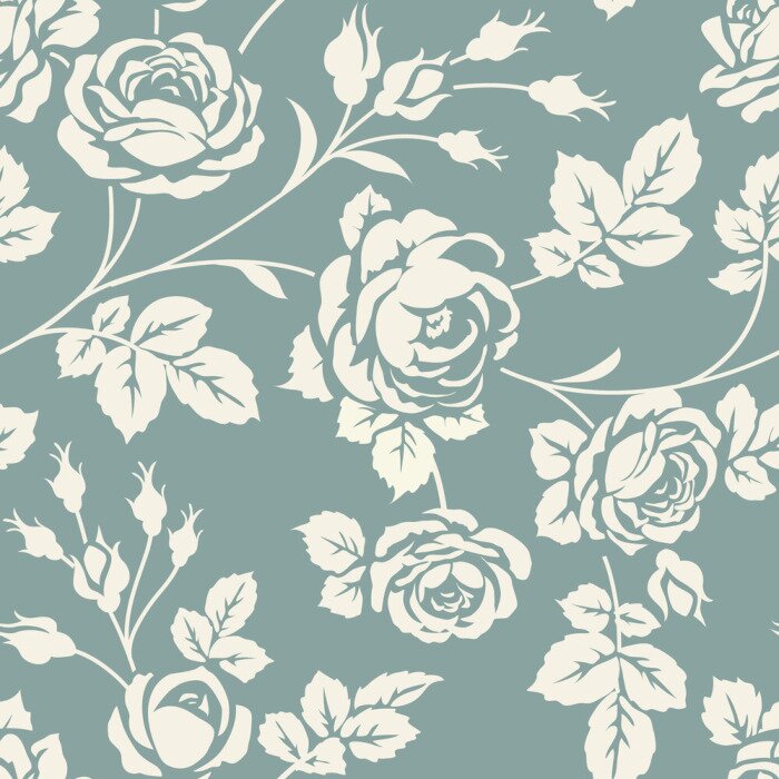 Papier peint à motif  Roses blanches sur fond bleu p?le