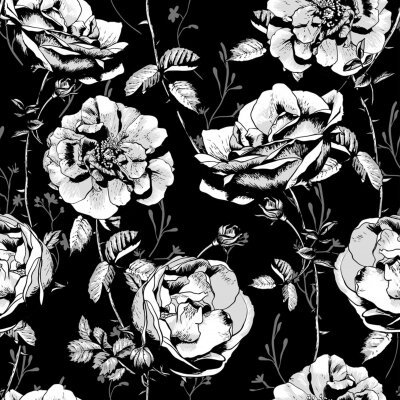 Papier peint à motif  Roses blanches sur fond noir