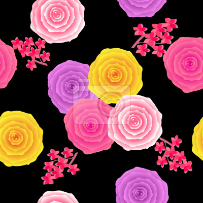 Papier peint à motif  Roses color?es sur fond noir graphique