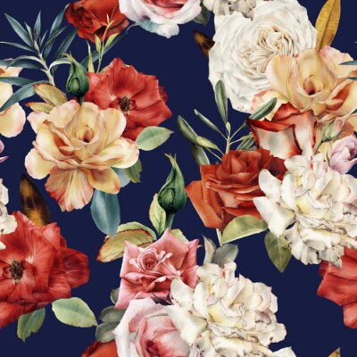 Papier peint à motif  Roses color?es sur le graphique de fond bleu fonc?