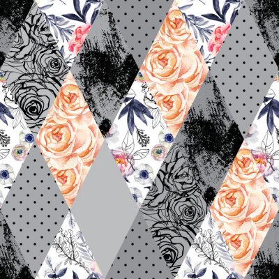 Papier peint à motif  Roses dans diff?rents styles graphiques patchwork