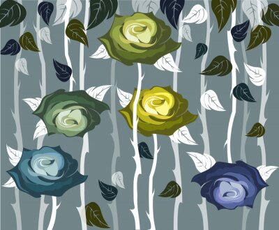 Papier peint à motif  Roses dans les tons de vert et de bleu fonc?