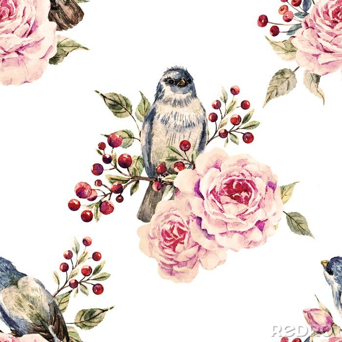 Papier peint à motif  Roses et oiseaux rowan sur fond blanc