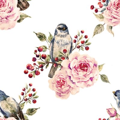 Papier peint à motif  Roses et oiseaux rowan sur fond blanc
