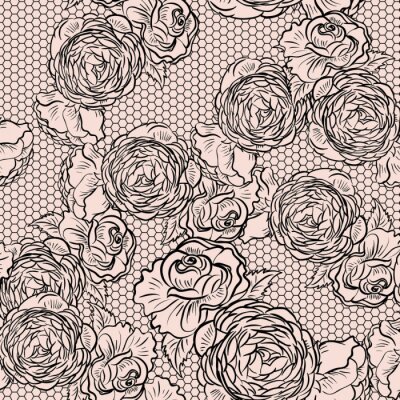 Papier peint à motif  Roses et pivoines sur des graphismes r?tro