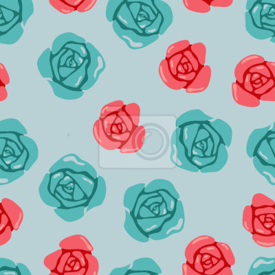 Papier peint à motif  Roses graphiques minimalistes rouges et bleus
