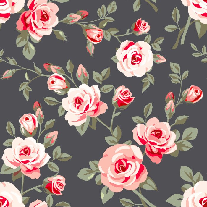 Papier peint à motif  Roses peintes en rouge sur fond sombre dans un style shabby chic
