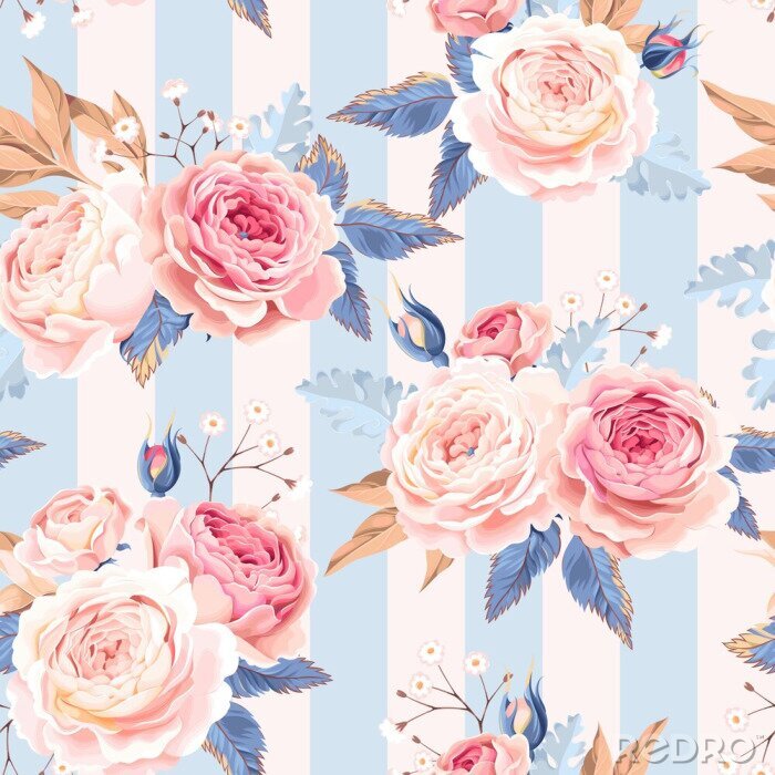 Papier peint à motif  Roses roses avec graphique de feuilles bleues