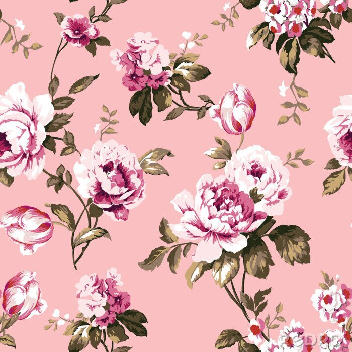 Papier peint à motif  Roses roses shabby chic sur fond rose