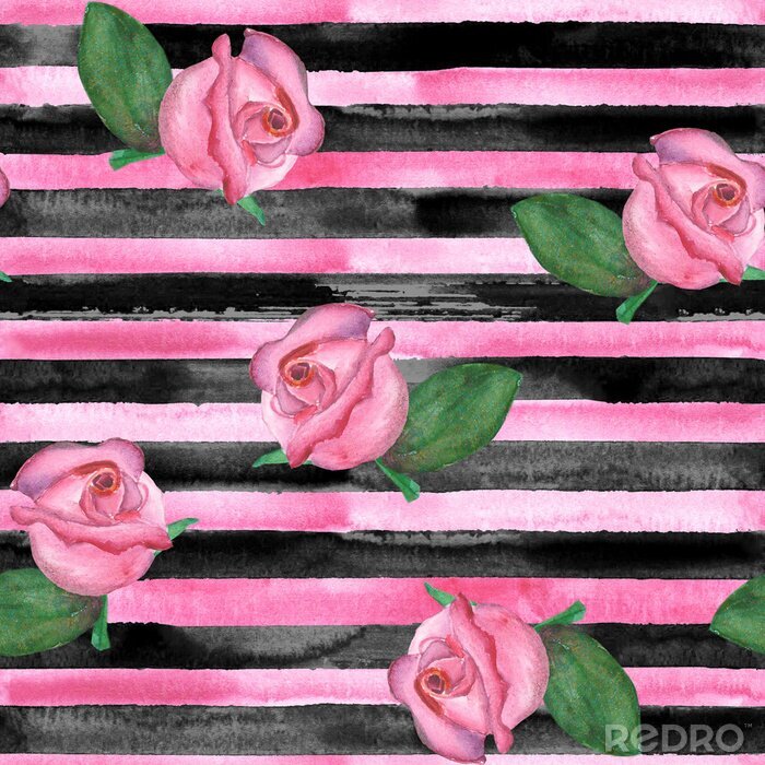 Papier peint à motif  Roses roses sur rayures horizontales