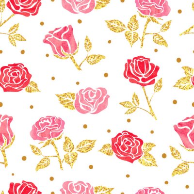 Papier peint à motif  Roses rouge et rose fond blanc