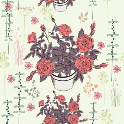 Papier peint à motif  Roses rouges en pot graphique r?tro