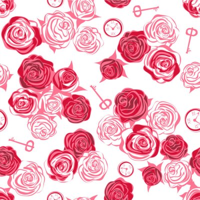 Papier peint à motif  Roses rouges et roses blanches, clé et horloge sur fond blanc. Motif sans couture. Alice in Wonderland background, fond d'écran. Illustration vectorielle