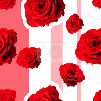 Papier peint à motif  Roses rouges sur fond blanc-rose