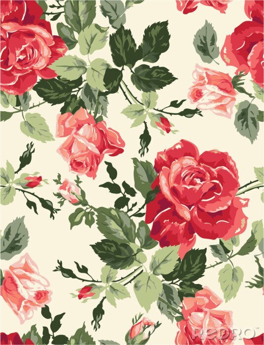 Papier peint à motif  Roses rouges sur un fond aquarelle blanc