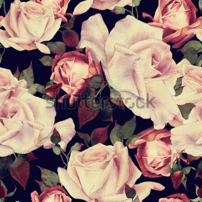 Papier peint à motif  Roses sur fond noir couleurs pastel
