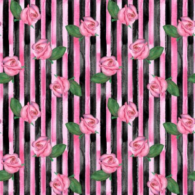 Papier peint à motif  Roses sur rayures noires et roses