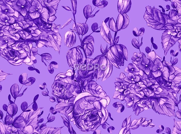 Papier peint à motif  Roses violettes et hortensias