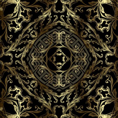 Papier peint à motif  Royal gold 3d vintage vector seamless pattern. Floral grunge Baroque style background. Repeat backdrop. Modern greek key meander golden ornament. Golden frames, mandalas, shapes, flowers, leaves