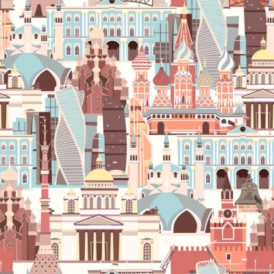 Papier peint à motif  Russia architecture vector pattern. Russian symbol seamless background. Street view cartoon flat style