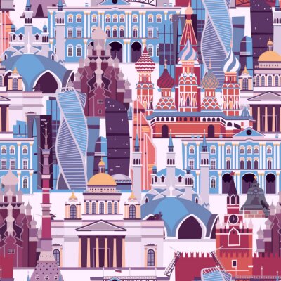 Papier peint à motif  Russia landmarks vector pattern. Russian symbol seamless background. Street view with Kremlin palace and St. Basil's Cathedral.  Drawbridge, museum and the Kazan Mosque illustration cartoon flat style