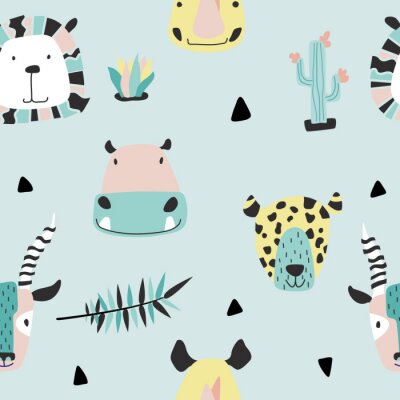 Papier peint à motif  Safari baby animals seamless funny pattern.