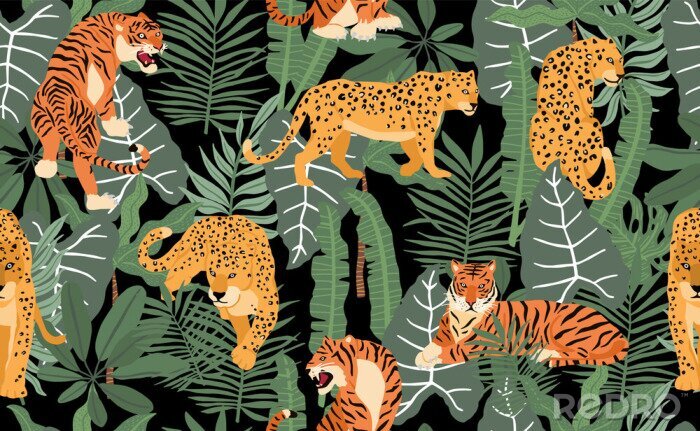 Papier peint à motif  Safari background with leopard,palm,tiger,leaf.Vector illustration seamless pattern for background,wallpaper,frabic.Editable element