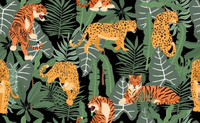 Papier peint à motif  Safari background with leopard,palm,tiger,leaf.Vector illustration seamless pattern for background,wallpaper,frabic.Editable element