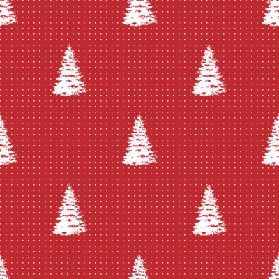 Papier peint à motif  Sapins de Noël blancs esquissés sur fond rouge