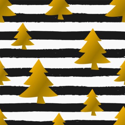 Papier peint à motif  Sapins de Noël dorés sur rayures noires et blanches