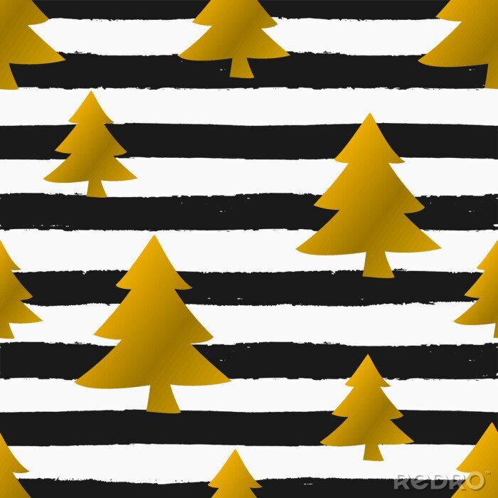 Papier peint à motif  Sapins de Noël dorés sur rayures noires et blanches