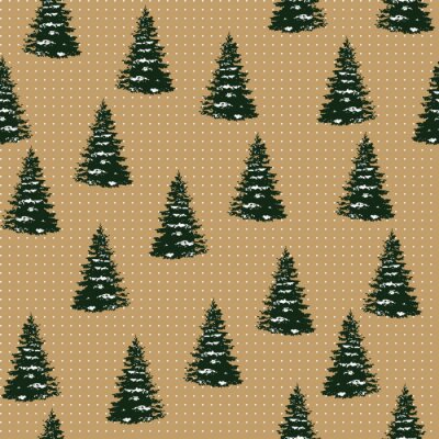 Papier peint à motif  Sapins de Noël sur fond beige à pois