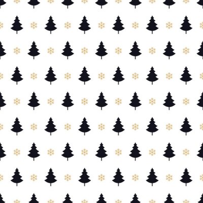 Papier peint à motif  Sapins noirs avec flocons de neige dorés