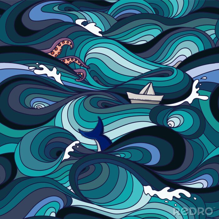 Papier peint à motif  sea pattern with waves, tentacles, paper boat and whale tail