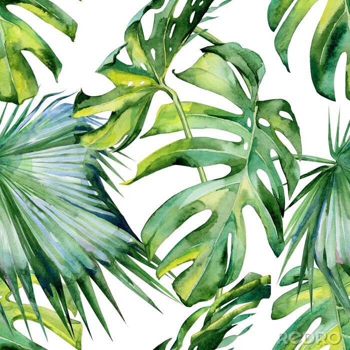 Papier peint à motif  Seamless, aquarelle, Illustration, tropical, feuilles, dense, jungle. Peinte à la main. La bannière avec le motif tropique d'été peut être employée comme texture de fond, papier d'emballage, conceptio