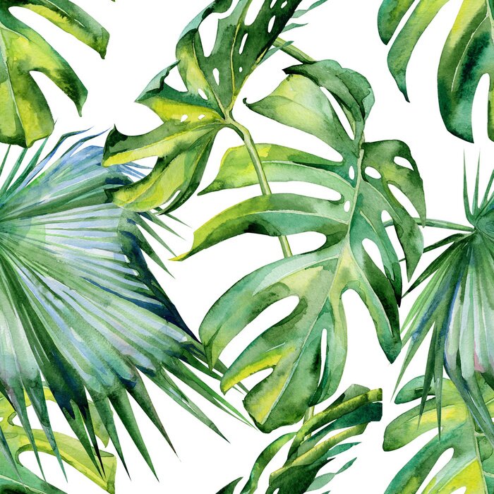 Papier peint à motif  Seamless, aquarelle, Illustration, tropical, feuilles, dense, jungle. Peinte à la main. La bannière avec le motif tropique d'été peut être employée comme texture de fond, papier d'emballage, conceptio