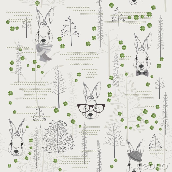 Papier peint à motif  Seamless avec des arbres, des arbustes, des feuillages, des lapins