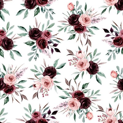 Papier peint à motif  Seamless background, floral pattern with watercolor flowers pink and burgundy roses. Repeat fabric wallpaper print texture. Perfectly for wrapped paper, backdrop.
