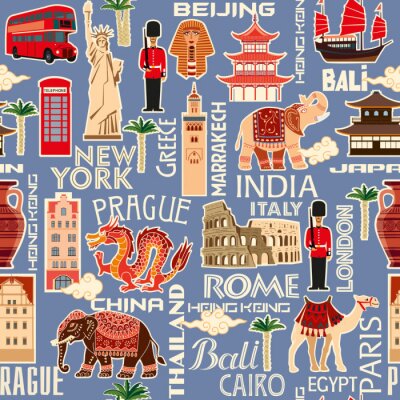 Seamless background pattern of tourist objects from different countries. Vector color graphics
