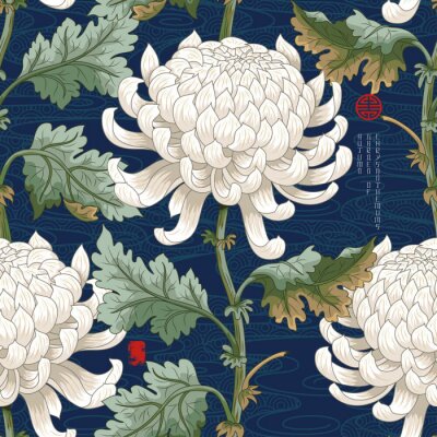 Papier peint à motif  Seamless background with Japanese chrysanthemums and ornament on backdrop. Inscription Autumn garden of chrysanthemums.