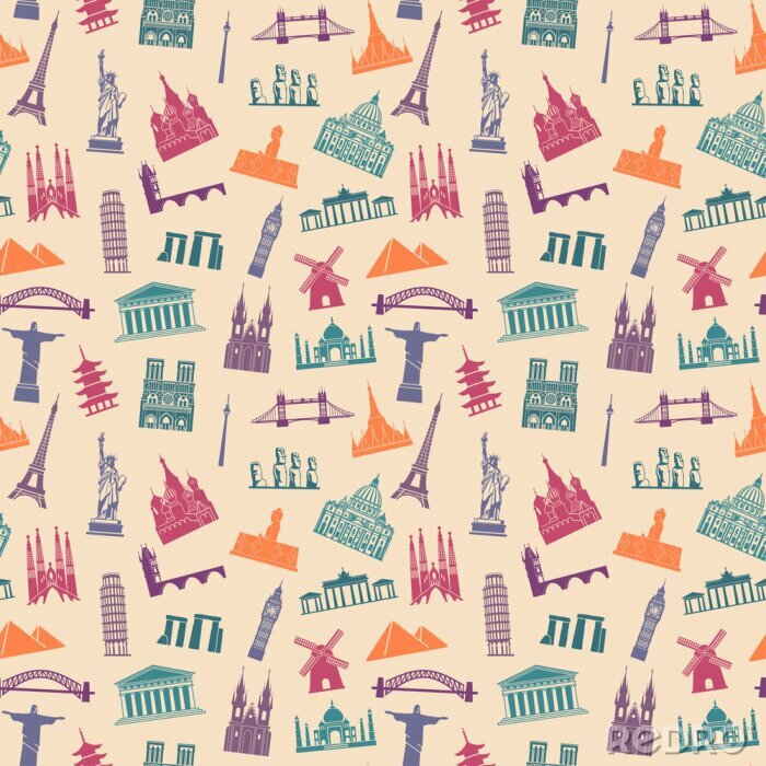 Papier peint à motif  Seamless background with tourist attractions and architectural landmarks